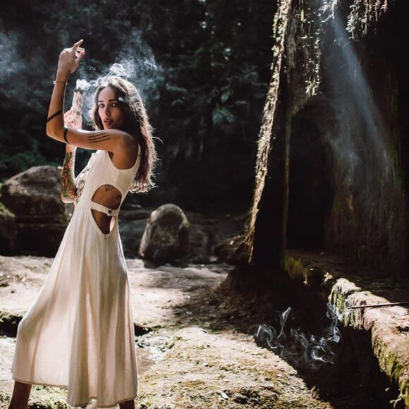 Aya Sacred Wear Long Boho Simple Cut-Out Cotton Dress - XS - Picture 7 of 7